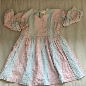 Blue Swiss dot embroidered pink chicken dress 4y